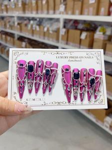 Colle pour ongles pressés de luxe |   Ongles artificiels réutilisables en ABS, style français extra long, couleur violet, avec logo personnalisé pour les doigts - Product Image 1