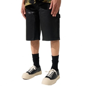 Pantalon cargo en coton enduit de cire noire personnalisé pour homme, style denim, coupe semi-ample, double genouillère, type charpentier, short de travail, streetwear d'été - Product Image 3