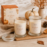 Arovi - Vela Aromática de Calabaza y Chai para Otoño, 380g, Cera de Soya Natural, Vela en Frasco de Vidrio con Tapa de Vidrio, Caja de Regalo Personalizada