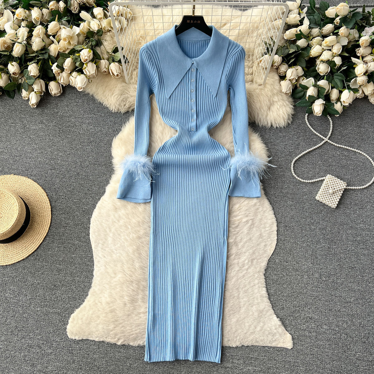 Autumn Winter 2023 Elegant Fur Long Sleeve Knitted Sweater Dress