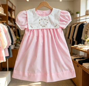 Robe rose fleurie pour filles, col carré blanc, bordure perlée, broderie florale en forme de cœur, manches bouffantes, vêtements de fête pour tout-petits - Product Image 5