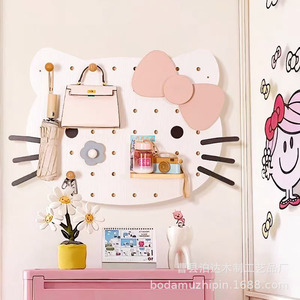 Cartoon <b>Pegboard</b> Wall Mounted Wooden Shelf With <b>Hooks</b> For Toys Organizer Storage Display Rack White Pink Natural Wood Color - Product Image 1
