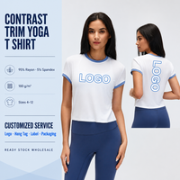 T-shirt de yoga pour femme à manches courtes avec bordure contrastante, en rayonne et élasthanne, hauts de sport doux et ajustés, vêtements de sport pour femme, vente en gros