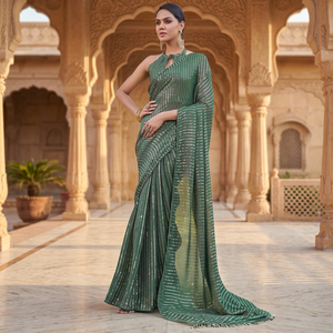 Vestido de Trabajo Recto de Satén Verde Polvoriento con Cuentas - Elegante Saree con Lentejuelas y Cristales para Mujer - Product Image 3