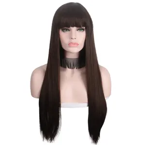 Anxin wig sintetik wanita, rambut bergelombang panjang alami dengan poni untuk penggunaan Cosplay sehari-hari