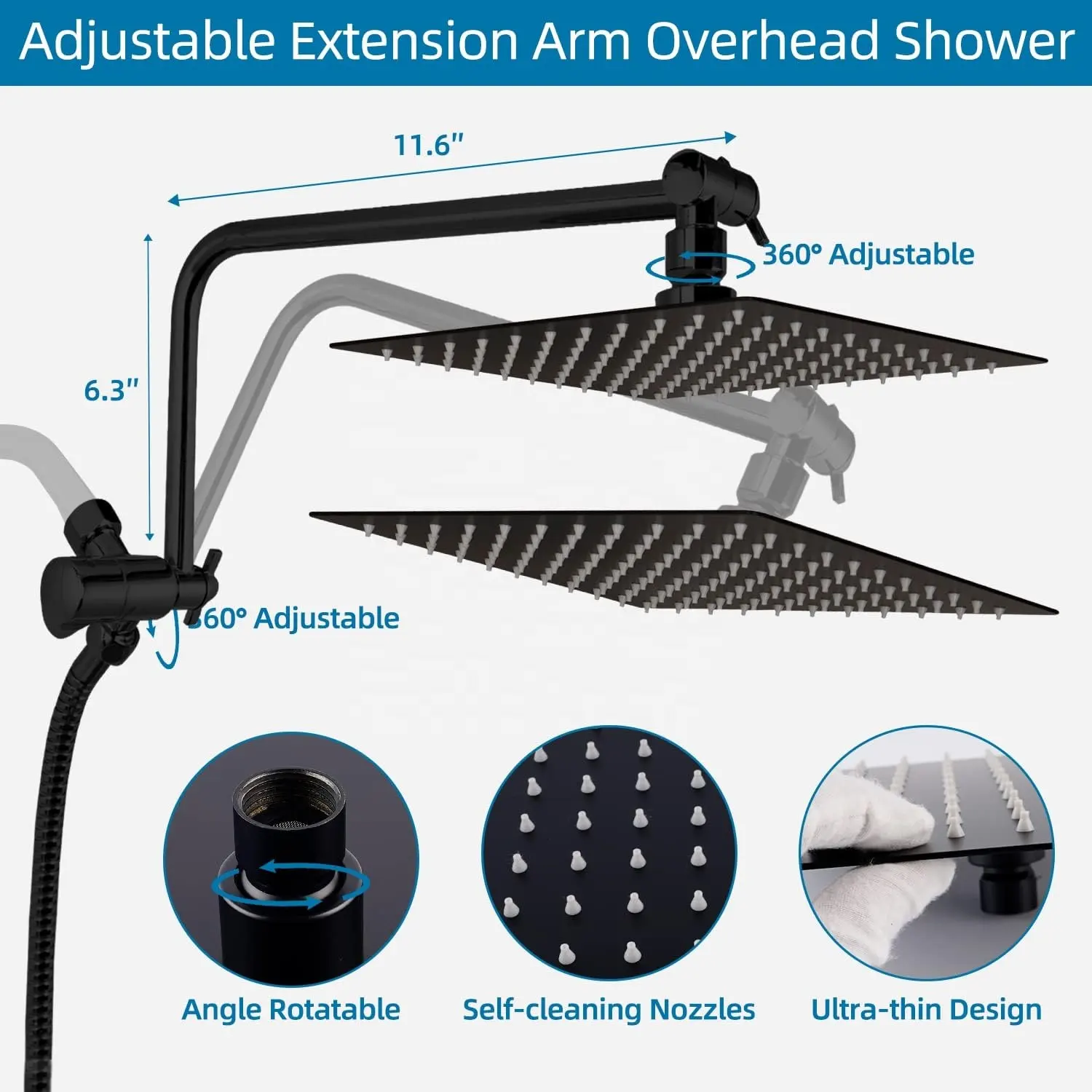 Potenziato bagno nero opaco doppio soffione doccia Combo con braccio di estensione regolabile a 3 vie in modalità pioggia