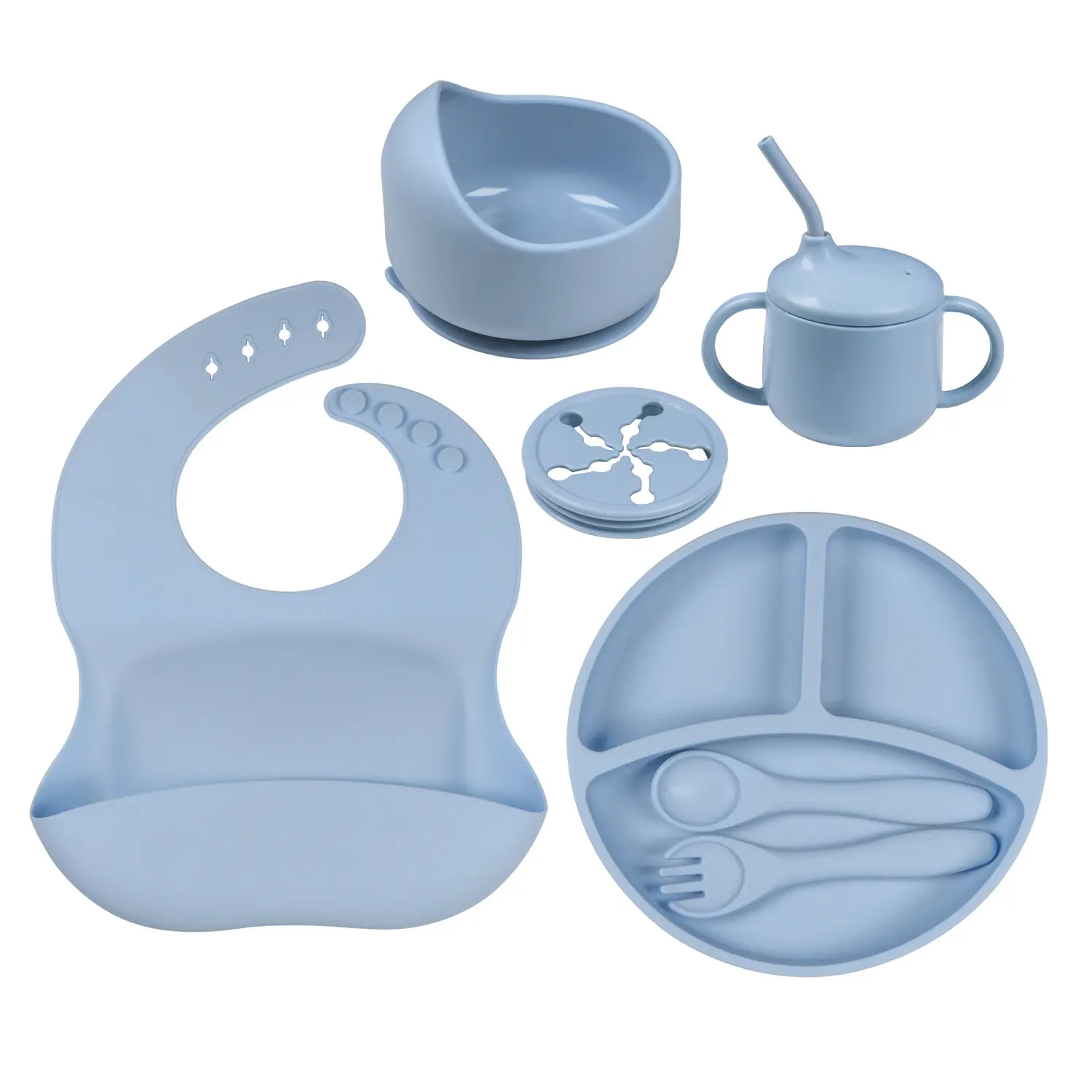 Nhà máy nóng 7 miếng bé bộ đồ ăn BIB tấm hút bát Silicone bé ăn chai đặt