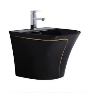 Lavabo mural en céramique noire Aivijia avec bordure dorée, à un seul trou, moderne, pour salle de bain - Product Image 1