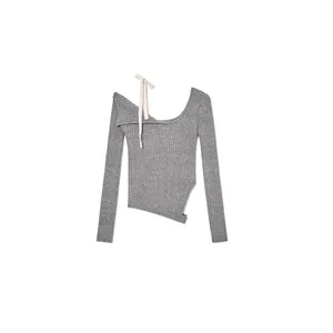 Sexy Women's Summer Sweater 12GG Knitted Pullover with Cold Shoulder and Bow Tie for Ladies In Spring Summer Collection