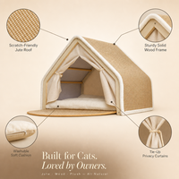 Mobilier d'intérieur pour animaux de compagnie : Maison pour chat en bois en forme de A avec toit à gratter en jute, coussin amovible et rideau d'intimité, OEM