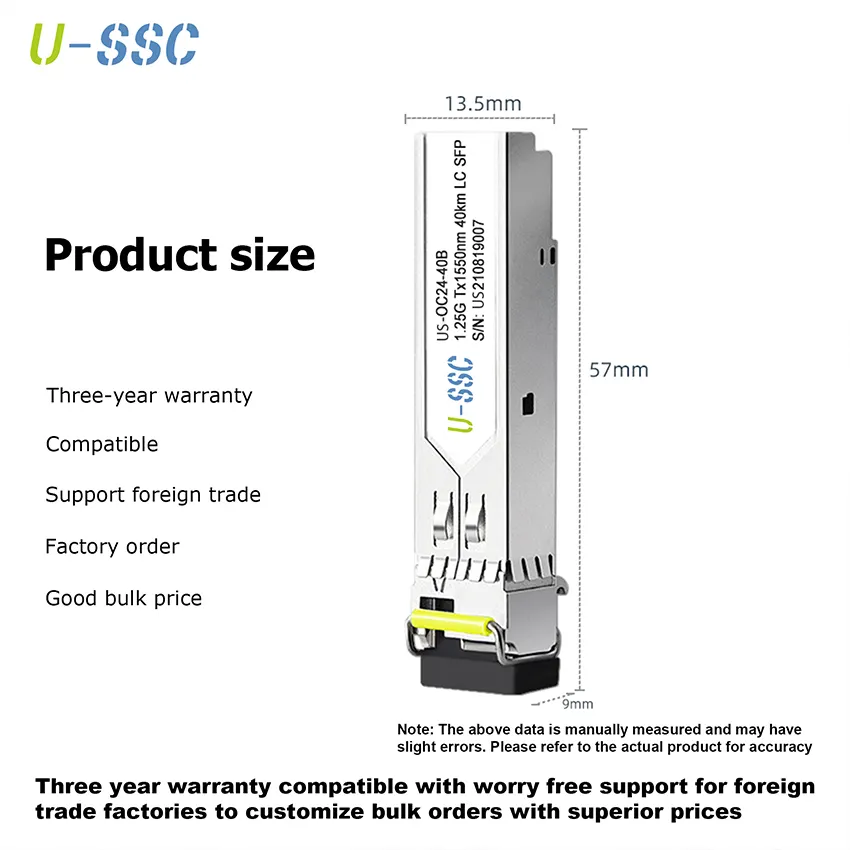 1000BASE-BX BiDi SFP modul Transceiver serat optik 1310nm-TX/1550nm-RX 40km DDM Simplex LC SMF untuk penggunaan telekomunikasi