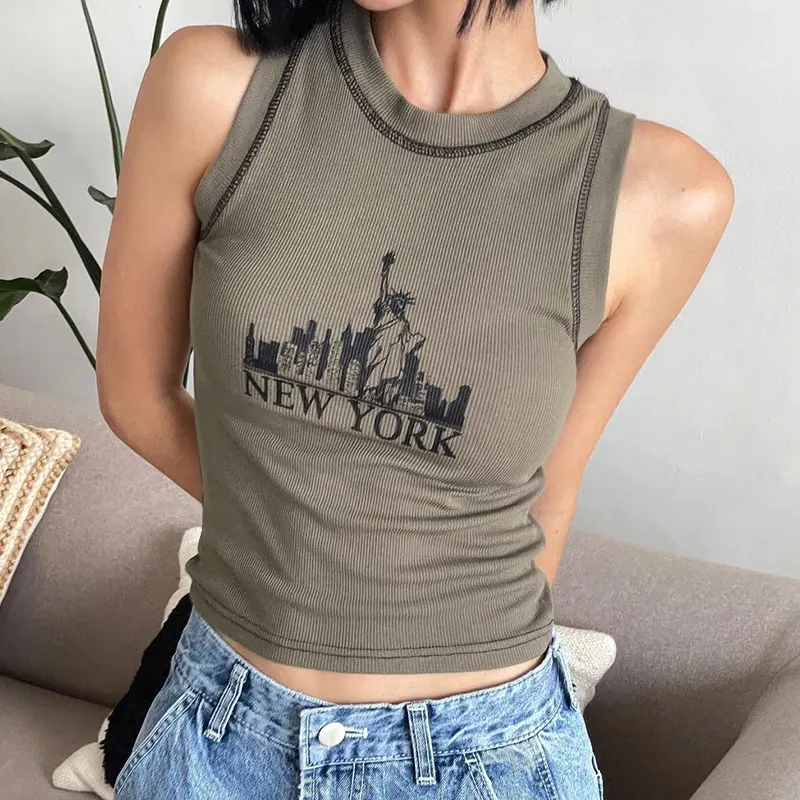 Street Retro Creative Personality Printed Sleeveless Vest Women Slim Short Line Decorated Top Tank Tops Ladies