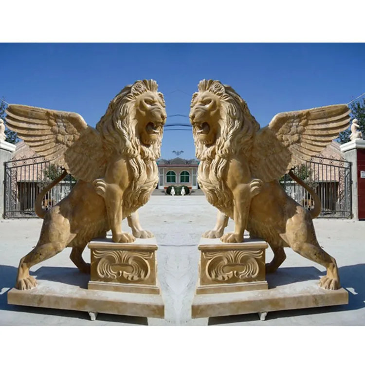 正面玄関彫刻天然黄色大理石翼ライオン像販売