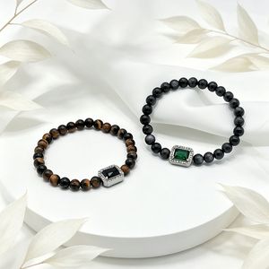 yunnique Tiger's Eye Silver Obsidian <b>Beaded</b> <b>Bracelet</b> Geometric Design For Men And Women Gift Jewelry - Product Image 1