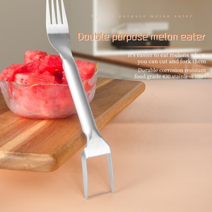 Logo personalizzato 430 in acciaio inox stampo quadrato anguria 2-in-1 anguria affettatrice Cutter con forchetta per verdure in metallo materiale