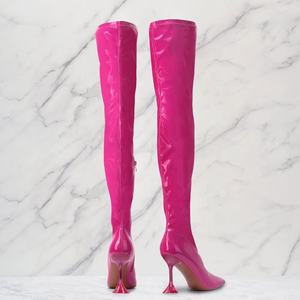 Горячая Распродажа, зимние розовые сапоги Enmayer из лакированной кожи, оптовая продажа, под заказ, с острым носком, на прозрачном каблуке, сапоги до бедра, сексуальные сапоги до колена - Product Image 4