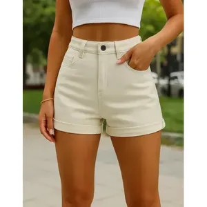 Shorts in Denim da Donna Adrenaline, Beige Chiaro, Vita Alta, Gamba Dritta, Casual, Traspiranti, in Tessuto Elasticizzato - Product Image 1