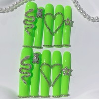 Tacana 10 pièces Faux ongles à presser faits main, longs, motif cœur, serpent argenté, strass vert, 3D, couverture complète, style français