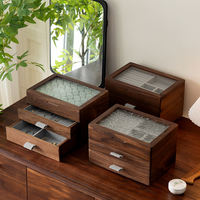 Boîte à bijoux de luxe en bois de noyer noir et verre gaufré à trois étages pour colliers, bagues, boucles d'oreilles, bracelets