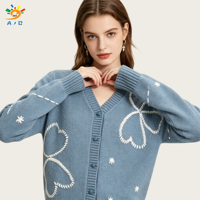 AJB 2026 Cardigan d'hiver en coton et acrylique pour femme, col en V, boutons, broderie de dessin animé, tricoté, manches longues, coupe ample vintage, OEM