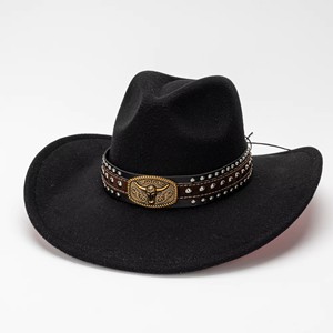 Chapeau de <span class=keywords><strong>cowboy</strong></span> western vintage avec bandeau en cuir à rivets tête de taureau, chapeau rétro en feutre à large bord pour la <span class=keywords><strong>musique</strong></span> <span class=keywords><strong>country</strong></span> et les fêtes - Product Image 6