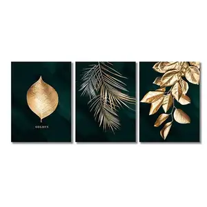 3 Piece Modern Gold Botanical Wall Art for Bathrooms Living Room Bedroom Wall Decor Green Plant Canvas Printed pictures