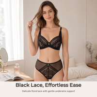 Ensemble soutien-gorge à armatures et culotte en dentelle noire, avec empiècement en dentelle rose, dos en résille, bretelles réglables, pour femme, doux et confortable au quotidien