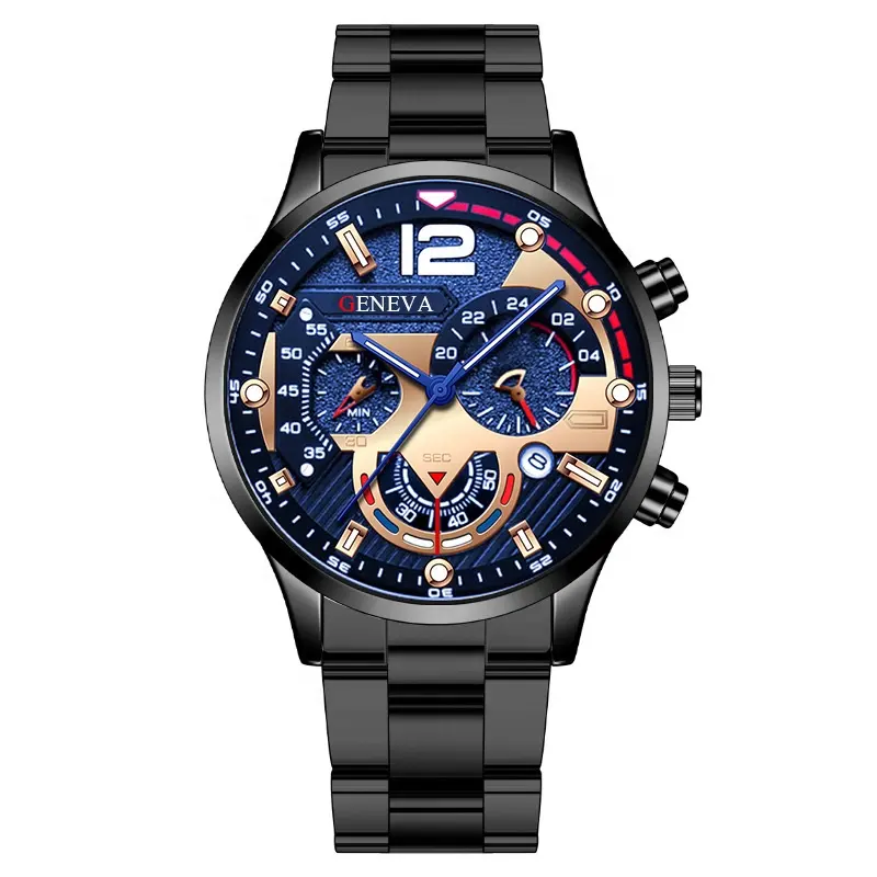 Luxury Black Sports Chronograph Date Quartz Wristwatches Creative Stainless Steel Band Watches Men Wrist
