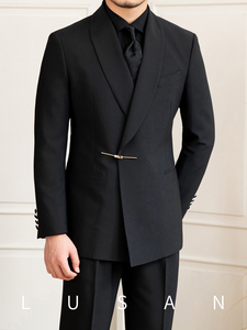 <span class=keywords><strong>Costume</strong></span> Homme Noir Coupe Slim Trois Col Verts Banquet Léger Luxe Commutation Simple Boutonnage Plat Style-Beau Décontracté - Product Image 4