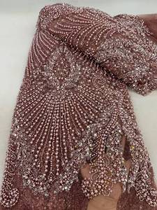 Tissu en dentelle rayée populaire, écologique, de luxe, rouge, avec broderie de fleurs 3D, de sequins et de perles tubulaires, pour la confection de robes de mariée et la décoration DIY - Product Image 5