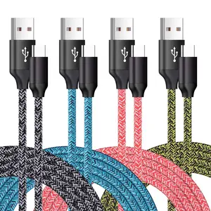 Wholesale High quality nylon braided 1M 2.4A Black/Blue/Red/Yellow Micro Type-C connector USB cable for iPhone