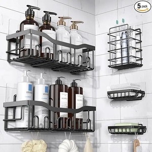 Caddy de douche adhésif Lot de 5 organisateurs de bain en acier inoxydable antirouille avec grande capacité sans étagères de perçage - Product Image 1