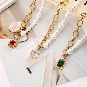 HB0441 Neue Exquisite Natürliche Jade-Edelstein-Charm-Halskette Quadratischer Diamant-Anhänger Einzigartige Edelstahl-Perlenkette für Damen - Product Image 2