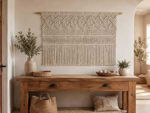 Tapisserie murale en crochet faite à la main en forme de U, motif géométrique, style bohème, 100% coton biologique, décoration intérieure - Product Image 3