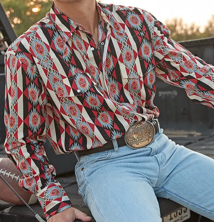 Hoge Kwaliteit Mode Aztec Print Western Heren Lange Mouw Shirt Vintage Heren Casual Mexican Cowboy Poloshirts