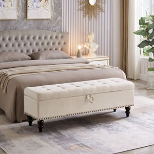 DB 59 Banco de cama de tela beige otomano con almacenamiento para muebles de sala de estar - Product Image 1