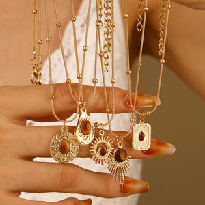 Collar de ojo de tigre marrón Retro Vintage para mujer, cadena de suéter con colgante cuadrado redondo <span class=keywords><strong>Sunshine</strong></span> para uso diario - Product Image 4