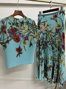 Miyake Women's High Quality Casual <strong>Stretch</strong> Fabric Two-Piece Set A-Line <strong>Skirt</strong> Pleated Printed Long Top Floral Matching Design - Product Image 5