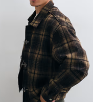 Veste décontractée élégante pour homme en tissu écossais noir et blanc avec garniture en cuir PU, simple boutonnage, automne
