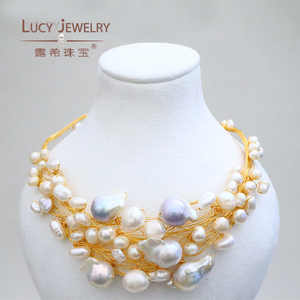 Venta caliente 14K oro relleno hecho a mano cadena de eslabones suaves barroco <span class=keywords><strong>multicolor</strong></span> collar de perlas naturales y gargantilla conjunto para novias - Product Image 4