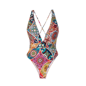 Costume da bagno intero HDJ con controllo pancia, scollo a V profondo, stampa geometrica, reggiseno push-up, taglie 42 44 46 48, per donna - Product Image 2