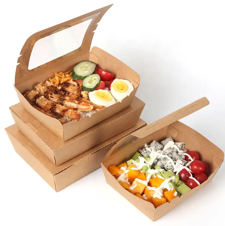 Vendita calda campioni gratuiti rivestimento in PE biodegradabile Kraft Lunch Food Paper Box con finestra contenitore di carta da asporto