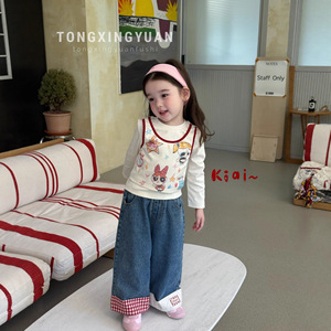 Girls Autumn Cartoon T-Shirt Plaid Jeans Set Cotton Two-Piece Outfit Kids Clothing - Product Image 2