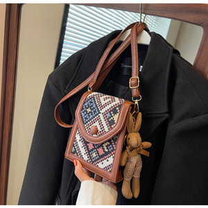 Bohemian <strong>Ethnic</strong> Style Geometric Pattern Women Crossbody <strong>Mobile</strong> Phone <strong>Bag</strong> With Rabbit Pendant Fashion Pu Leather Small Square <strong>Bag</strong> - Product Image 3