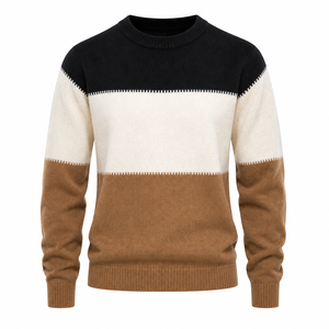 Maglione Pullover da Donna Personalizzato OEM a Blocchi Orizzontali Tricolore con Collo Tondo e Maniche Lunghe, Vendita all'Ingrosso - Product Image 1