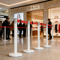Barrière de contrôle des foules rétractable en acier inoxydable blanc avec ceinture rouge, facilement assemblable, revêtement en poudre écologique pour