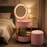 Station de maquillage moderne en acier inoxydable et bois de pin avec miroir LED 3 couleurs, chargeur de téléphone sans fil et roulettes universelles
