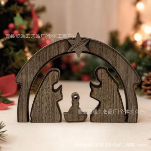 Escena de Natividad de Madera en Miniatura, Estatua Familiar, Decoración Navideña para Sala de Estar, Hogar, Chimenea, Diseño Tradicional de Pino - Product Image 3