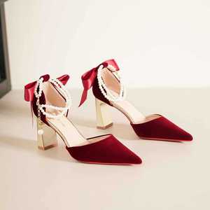 Velvet Ankle Strap Heels <b>With</b> Pearl Chain And <b>Bow</b> Wedding <b>Shoes</b> For Women - Product Image 1