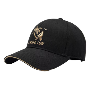 Casquette de baseball vintage sportive en toile noire, motif <span class=keywords><strong>voilier</strong></span> brodé, bordure dorée, six sections, sangle réglable, design dôme, ambiance positive - Product Image 1